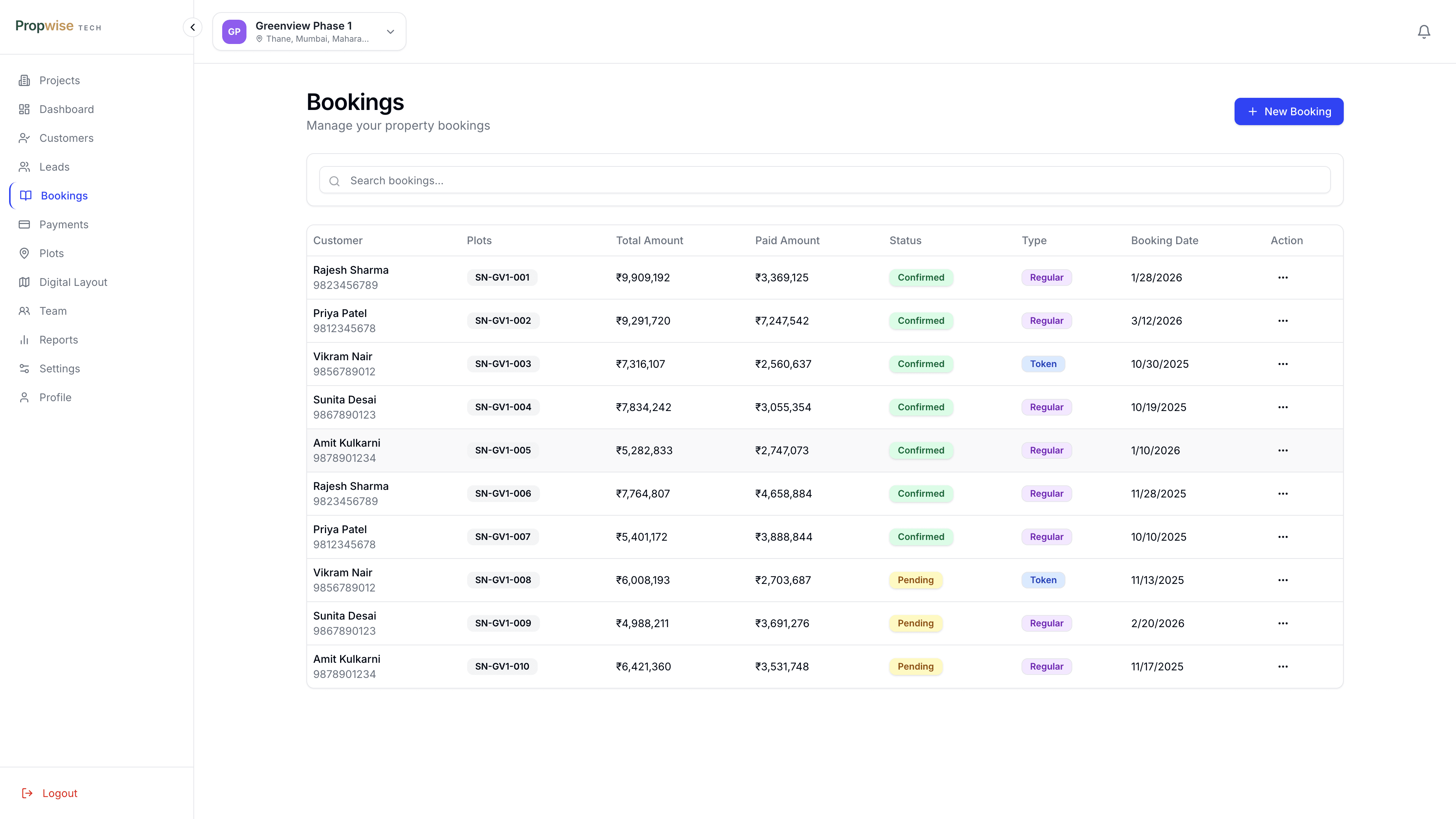 Bookings management with payment tracking