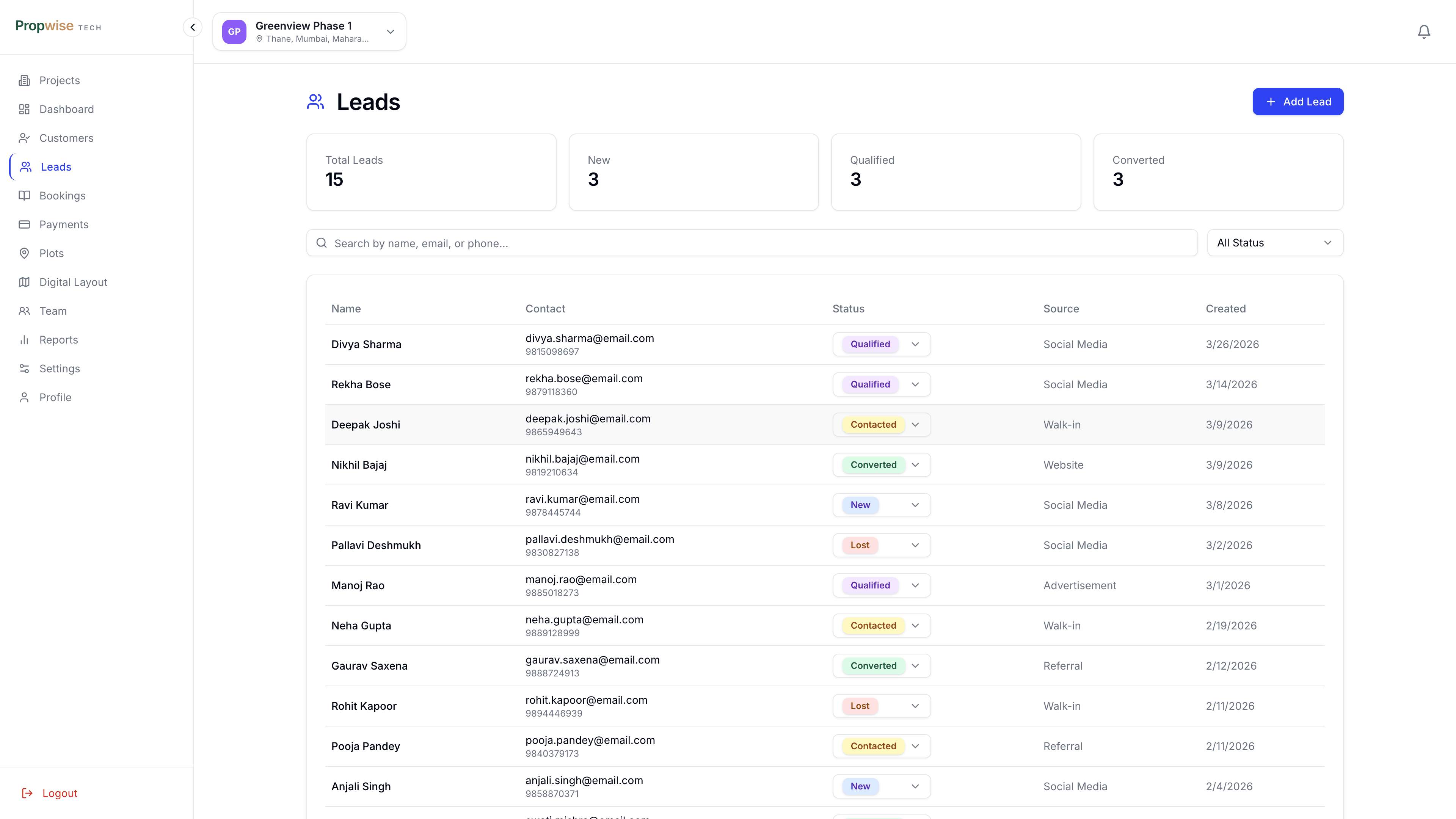 Leads pipeline with status tracking